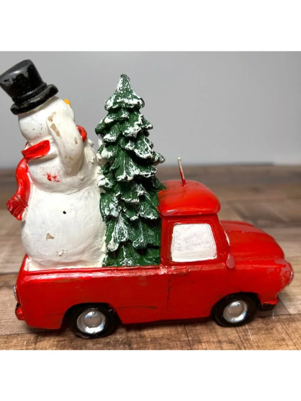 Vintage Red Truck Candle With Snowman & Christmas Tree